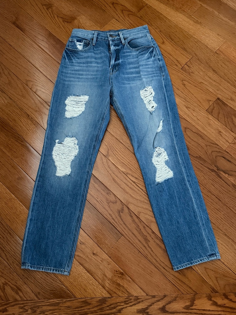 FRAME Heritage Blue Distressed Straight-Leg High waisted Jeans
